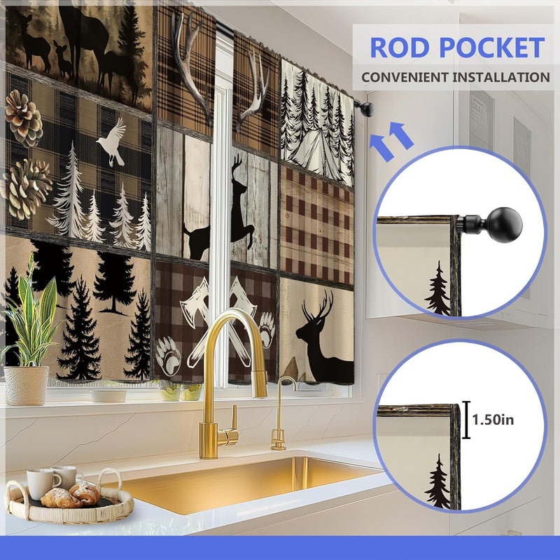 Aimego Deer Forest Kitchen Curtains - Vintage Small Short Cafe Tier Curtains Farmhouse Rustic Decor for Living Dining Room Rod Pocket Window Drapes 36 Inch Length 2 Panels Set 28"x36" - Image 4